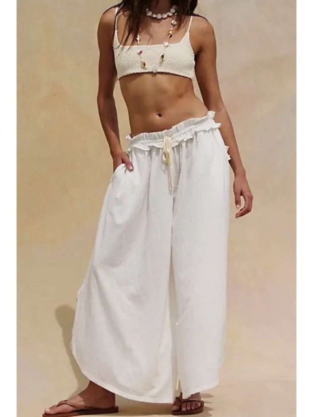 Free People Elara Cotton Oversized Flowy Ruffle Pants Ivory - Small
